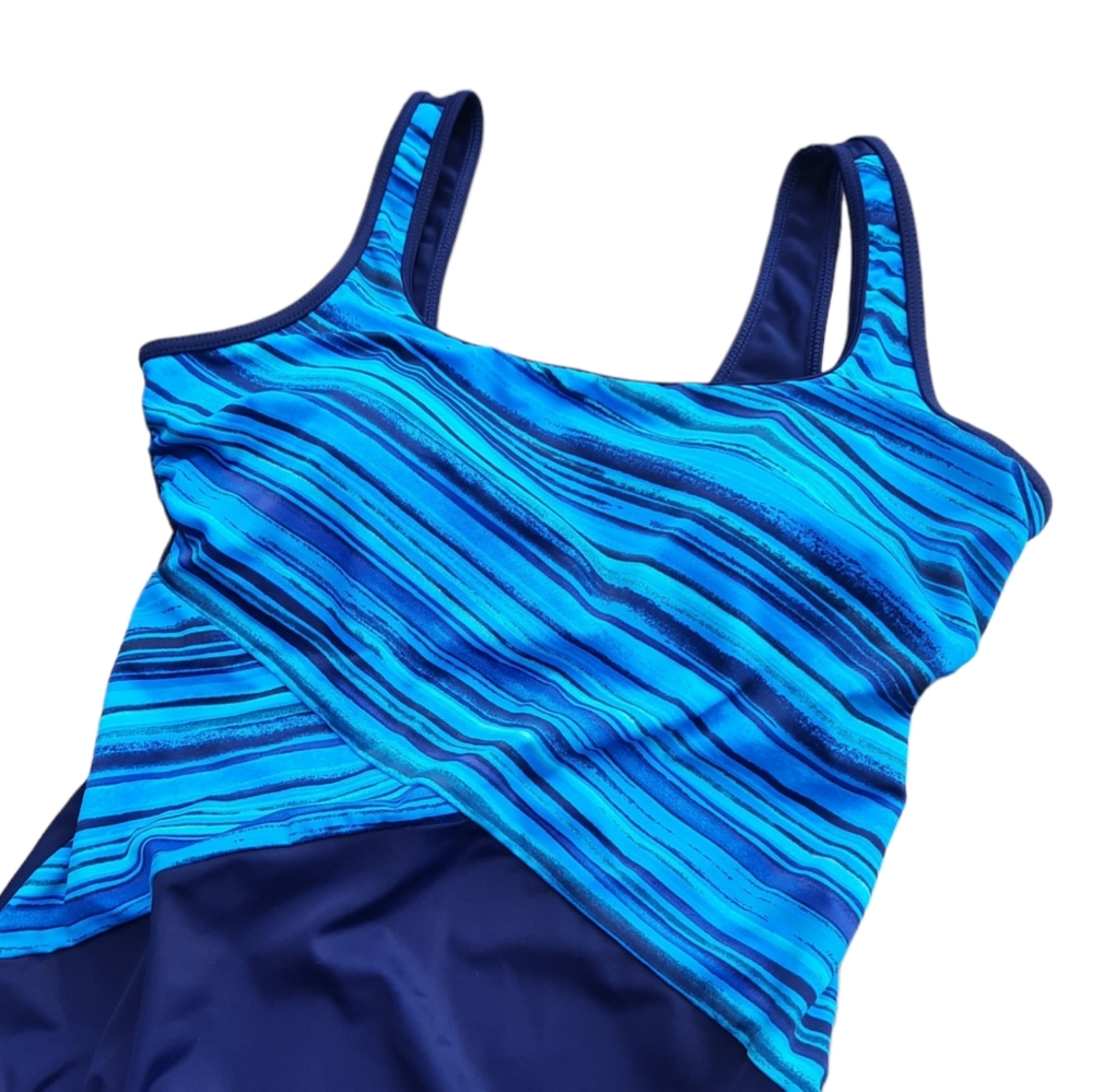 Lands' End Swim Slimming Asymmetric Stripe Padded Bra Top Wireless One Piece 12P - Picture 6 of 11